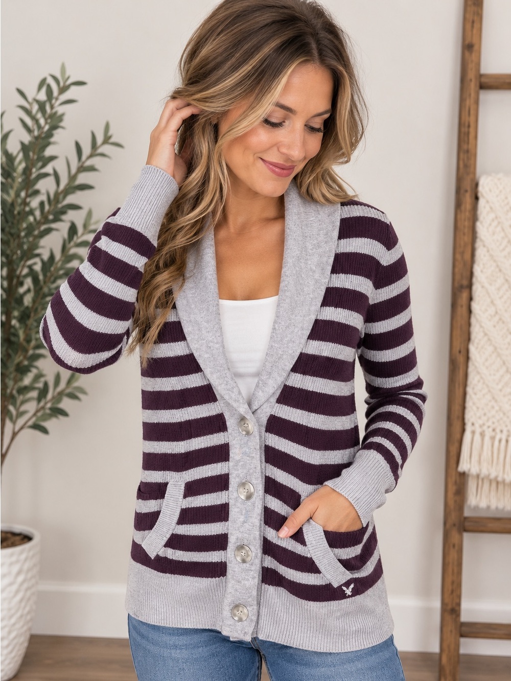 Y2K American Eagle Outfitters Women’s Striped Shawl Collar Cardigan Size Medium